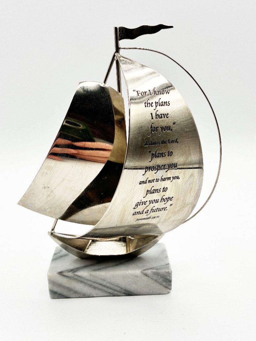 Metal Sailboat Sculpture Bible Verse Jeremiah 29:11 Stainless Steel Marble Base